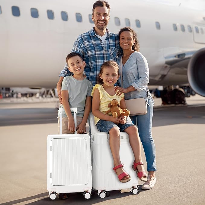 20 Inch Ride on Luggage with Seat for Kids Top Opening Aluminum Frame Suitcase with Spinner Wheels Locks for Travel(White)