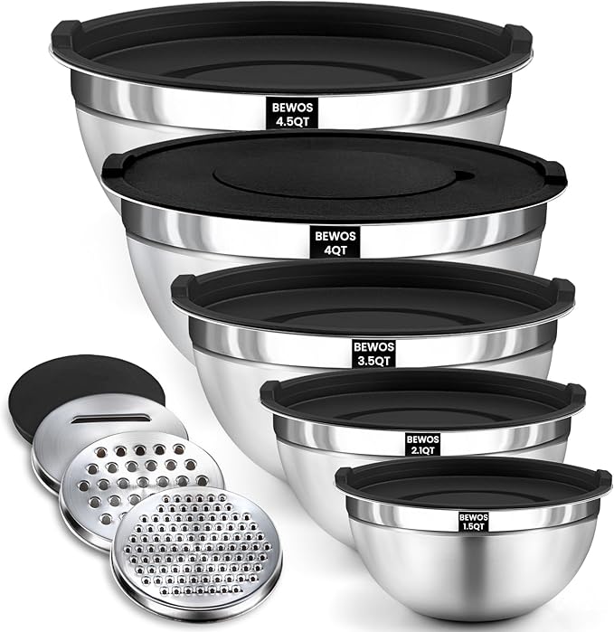 BEWOS Mixing Bowls with Airtight Lids Set - 5 Pcs Stainless Steel Mixing Bowls With 3 Grater Attachments, Size 4.5, 4, 3.5, 2.1, 1.5QT Metal Bowls for Baking and Serving (Black)