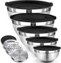 BEWOS Mixing Bowls with Airtight Lids Set - 5 Pcs Stainless Steel Mixing Bowls With 3 Grater Attachments, Size 4.5, 4, 3.5, 2.1, 1.5QT Metal Bowls for Baking and Serving (Black)