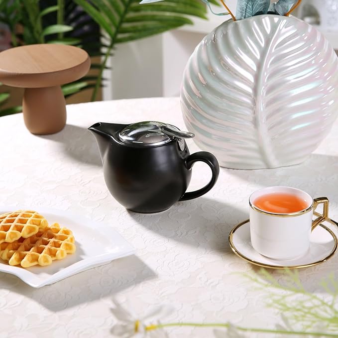 Small Ceramic Teapot With Stainless Steel Infuser, Heat Resistant, Perfect Tea Maker, Black, 350ml/12.0oz