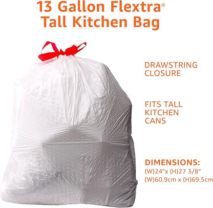 Amazon Basics Flextra Tall Kitchen Drawstring Trash Bags, 13 Gallon, 120 Count