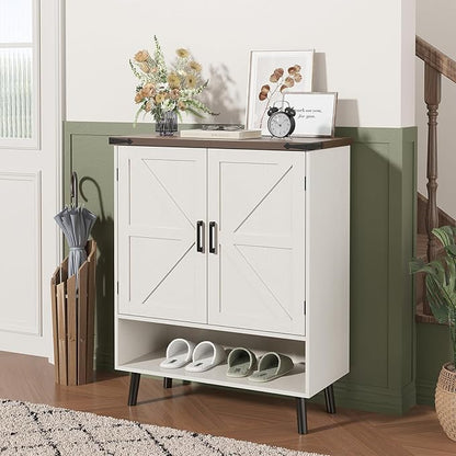 Vabches Farmhouse Shoe Storage Cabinet with Doors, 5 Tier Small Shoe Cabinet with Adjustable Shelves and Metal Legs, 34" Tall Shoe Rack Organizer for Entryway, Foyer, White