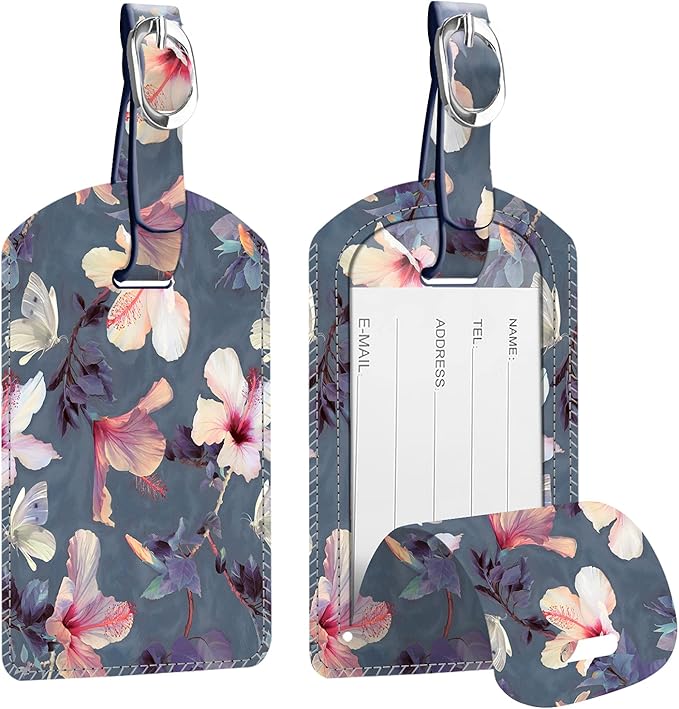 FINTIE 2 Pack Luggage Tags, Leather Name ID Labels with Privacy Cover for Travel Bag Suitcase, Theme - Blooming Hibiscus
