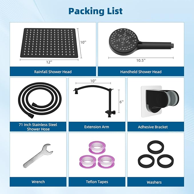 Hibbent All Metal Shower Head, 12'' High Pressure Rain Shower Head/Handheld Showerhead Combo with 16'' Adjustable Arc-shaped Extension Arm, 10 Sprays, 71'' Hose, Showerhead Holder, Matte Black
