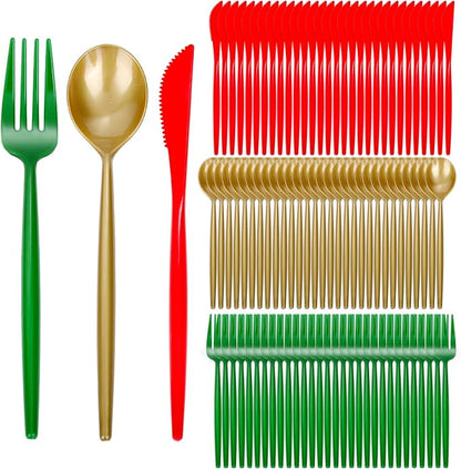 Rubtlamp 180Pcs Christmas Plastic Silverware, Heavy Duty Plastic Utensils, Party Disposable Flatware, Plastic Cutlery Sets Include 60 Green Forks, 60 Brown Gold Plastic Spoons, 60 Red Knives