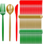 Rubtlamp 180Pcs Christmas Plastic Silverware, Heavy Duty Plastic Utensils, Party Disposable Flatware, Plastic Cutlery Sets Include 60 Green Forks, 60 Brown Gold Plastic Spoons, 60 Red Knives