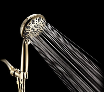 Handheld Shower Head, 6 Spray Setting High Pressure Shower Head with Brass Swivel Ball Bracket and Extra Long Stainless Steel Hose, Polished Brass, 5"
