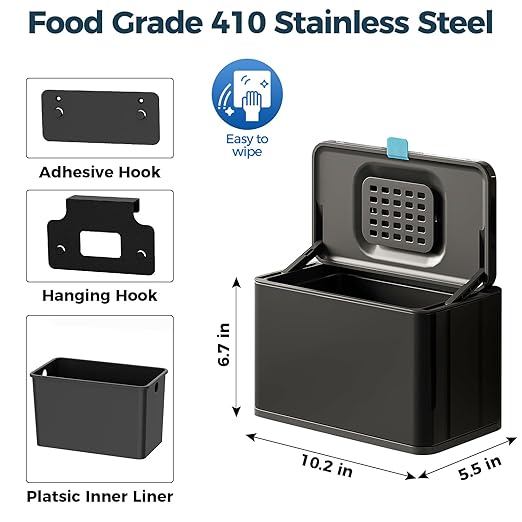 Stainless Steel Hanging Trash Can with Lid and Inner Bucket, 1 Gallon Kitchen Compost Bin for Counter Top, Under Sink or Wall Mount, Small Garbage Can for Cupboard/Bathroom/Bedroom/RV, Black