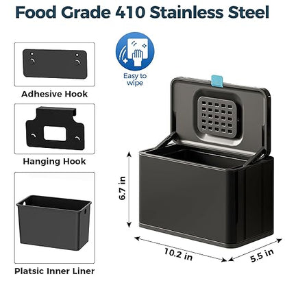 Stainless Steel Hanging Trash Can with Lid and Inner Bucket, 1 Gallon Kitchen Compost Bin for Counter Top, Under Sink or Wall Mount, Small Garbage Can for Cupboard/Bathroom/Bedroom/RV, Black