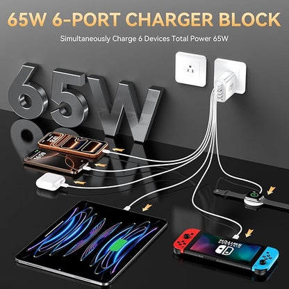USB C Fast Charger Block, iPhone Charger Fast Charging Blocks 65W Multi Port Charger 6-Ports PD & QC Charging Cube Brick Power Adapter Type C Wall Chargers for iPhone 17/16/15/14/13/12 Pro Max, iPad