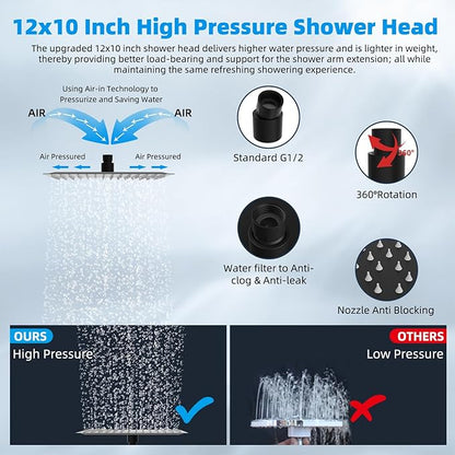 Hibbent All Metal 12'' Filtered Rainfall Shower Head Combo, High Pressure Handheld Shower Head with 16'' Adjustable Arc Extension Arm, 20 Stage Shower Filter, 10-spray, 71'' Shower Hose, Matte Black