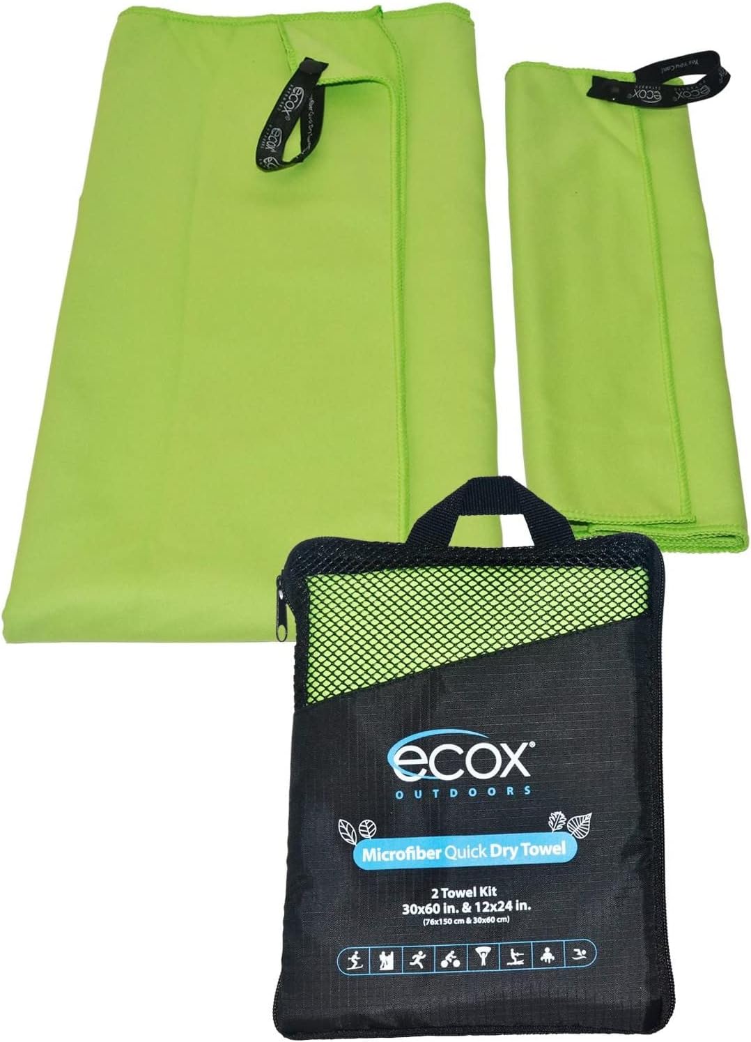 Outdoors Microfiber Towel Fast Drying Soft Feel Fast Action Drying for Gym Beach Outdoors Travel Yoga Camping Compact Size 2 Piece Set 30x60 in and 12x24 in Green MFT2PG