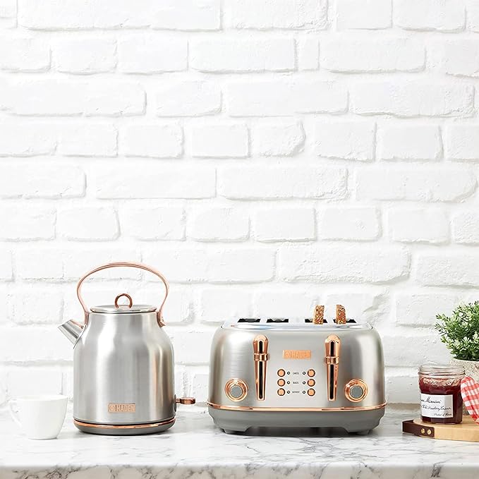 Haden Heritage 1.7 Liter Stainless Steel Electric Kettle, Hot Water Kettle with 360-Degree Base and Auto Shutoff, Steel & Copper
