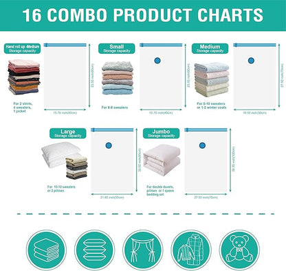 16 Pack Vacuum Storage Bags, Space Saver Bags (2Jumbo/2Large/3Medium/3Small/6Roll) Compression Storage Bags for Comforters and Blankets, Vacuum Sealer Bags for Clothes Storage, Hand Pump Included