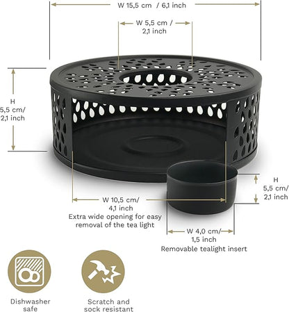 Creano Black Stainless Steel Tea Warmer with Tea Light Holder - Tea Cosy - Stable Not Rattling - Rechaud Suitable for All Teapots