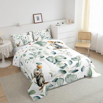 Erosebridal Kids Cute Animal Queen Size Comforter Set for Girls Boys Cartoon Mouse Bedding Set, Spring Eucalyptus Down Comforter Watercolor Leaves Bed Set, Kawaii Animal Mice Quilted Duvet