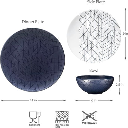 bzyoo 12 Piece Melamine Dinnerware Set - Durable, Dishwasher Safe Plates and Bowls - Dinning, Parties, Camping Dish Set Spidy Blue Collection