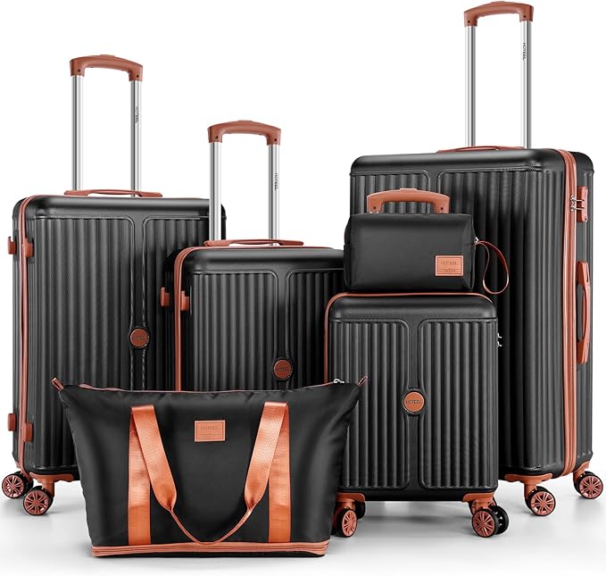 Hoteel Luggage 6-piece Set, 360° Universal Suitcases with Wheels Hard Shell Suitcase with TSA Lock, Including Waterproof Luggage Bag, Travel Maletas for Men and Women,Black(16/20/24/28Inch)