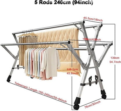 Adjustable 5-Bar Clothes Drying Rack, Foldable Stainless Steel Laundry Stand with Lockable Wheels, Extendable from 59 to 94.5 Inches,for Clothes, Shoes, and Bedding