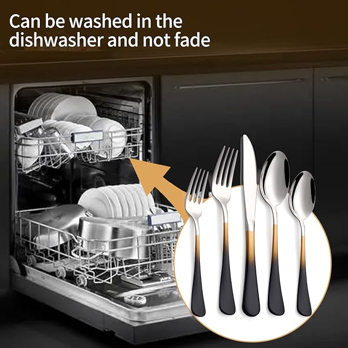 20-Piece Black Gold Silverware Set 18/0 Stainless Steel Silverware Set Black Gold Handle Cutlery Set Service for 4 Dinner Knives Forks Spoons Set Flatware Set Finish Dishwasher Safe