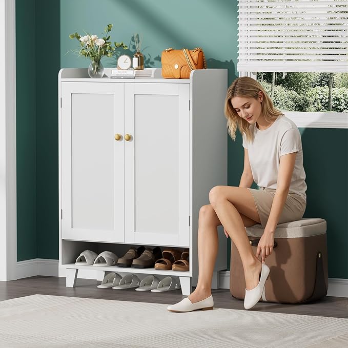 Flat-Shelf Shoe Cabinet with Doors，6-Tier Shoes Storage Cabinet with Adjustable Shelves，Wooden Shoe Rack Shoes Storage Organizer Cabinets for Entryway, Hallway, Living Room