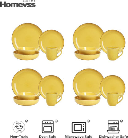 HomeVSS 20-Piece Dinnerware Set - Serves 4, Bright Glaze Yellow plates and bowls sets with Speckle Effect for Microwave & Dishwasher Safe