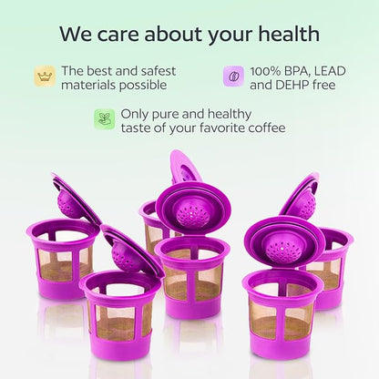 6 Reusable K Cups for Keurig Coffee Makers - BPA Free Universal Fit Purple Refillable Kcups Coffee Filters for 1.0 and 2.0 Keurig Brewers
