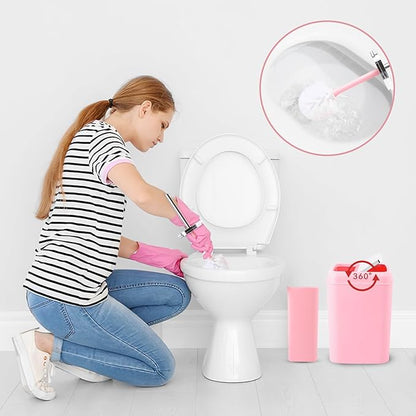 Pink Bathroom Accessory Set, Plastic Bathroom Set with Tray, Soap Dispenser, Toothbrush Holder, Toothbrush Cup, Soap Dish, Toilet Brush, Trash Can and Q-tip Holders for Bathroom/Housewarming