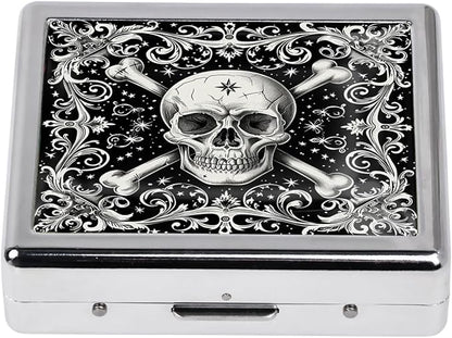 Cute and Stylish Metal Pill Box - Compact Portable Pill Organizer with 8 Compartments, Food-Grade Divider, Ideal for Travel, Vitamins, Jewelry, Cosmetics (Crossbones Starlight)