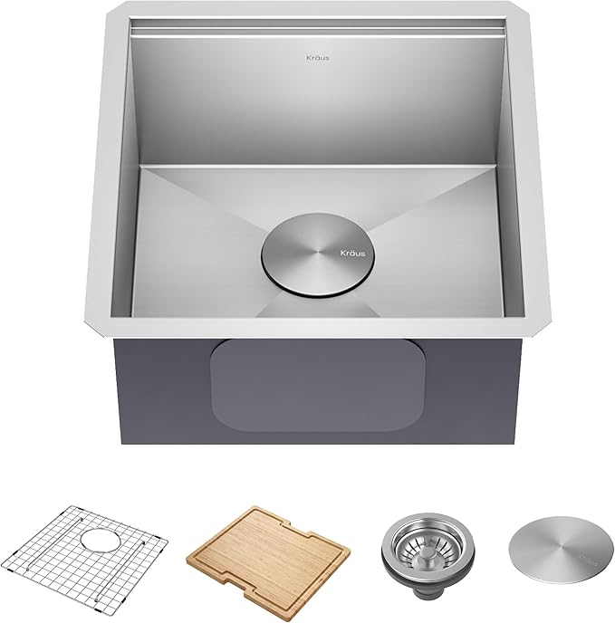 KRAUS Kore 17-Inch Undermount Workstation 16 Gauge Single Bowl Stainless Steel Bar Kitchen Sink with Accessories, KWU111-17