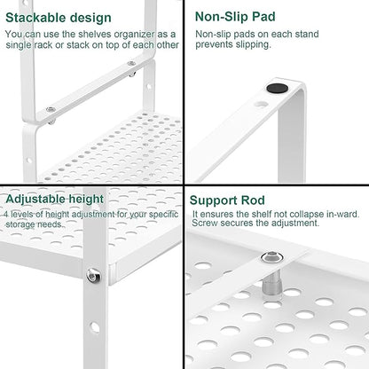 iPEGTOP Large Expandable Cabinet Storage Shelf Organizer Rack, Heavy Duty Stackable Steel Metal Spice Rack Adjustable Height Home Office Pantry Garage Shelf for Counter Kitchen, White - 1 Pack