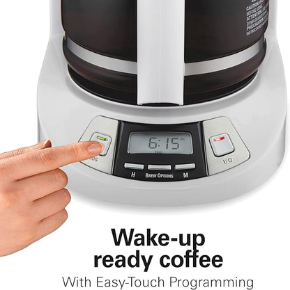 Hamilton Beach 12 Cup Programmable Drip Coffee Maker with 3 Brew Options, Glass Carafe, Auto Pause and Pour, White (46294)