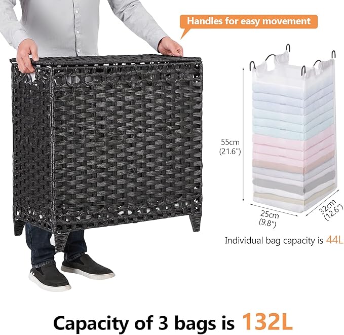 Laundry Hamper with 3 Removable Liner Bags; 132L Handwoven Rattan Laundry Basket with Lid & Heightened Feet; Clothes Hamper with Side Handles; Laundry Sorter with 3 Separate Sections (Black)