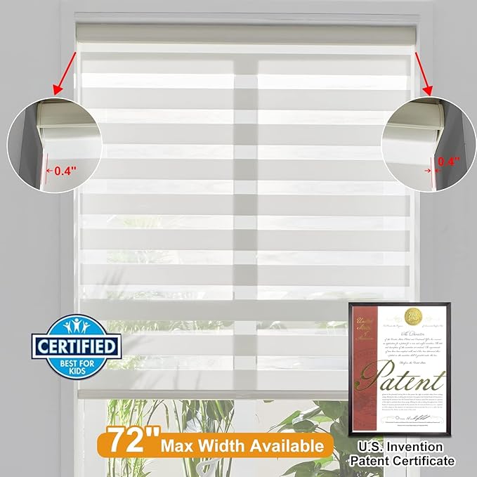 Persilux Zebra Blinds Cordless, Zebra Roller Shades for Windows (34.5" W x 64" H, Cream) Light Filtering Day and Night Window Drapes Sheer Shades for Home, Bedroom and Sliding Door Easy to Install