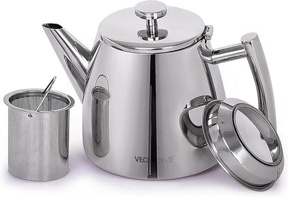 VeoHome Stainless Steel Tea Pot with Infuser - Keeps Heat Thanks to its Double Wall, Silver (0.5 Liter (17 oz))…