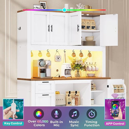 Itaar 71" Pantry Cabinet with Charging Station and LED Light, Kitchen Pantry Cabinet with Microwave Stand, 47.2" Wide Kitchen Storage Cabinets with Storage Cart 3 Tier for Dining Room, White