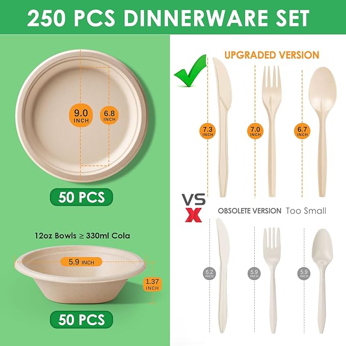 Gezond 250PCS Disposable Paper Plates and Bowls Set with Long Utensils, Compostable Plates Eco-Friendly Dinnerware Set Includes Biodegradable Plate, Bowls, Forks, Knives Spoons for Party Camping