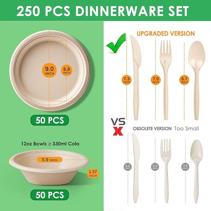 Gezond 250PCS Disposable Paper Plates and Bowls Set with Long Utensils, Compostable Plates Eco-Friendly Dinnerware Set Includes Biodegradable Plate, Bowls, Forks, Knives Spoons for Party Camping