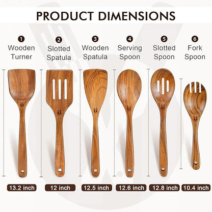 Wooden Spoons for Cooking, 6 Pcs Natural Teak Wooden Kitchen Utensils Set, Cooking Utensils Set with Long & Comfort Grip, Wooden Spoons Spatula Set Perfect for Non-Stick Cookware