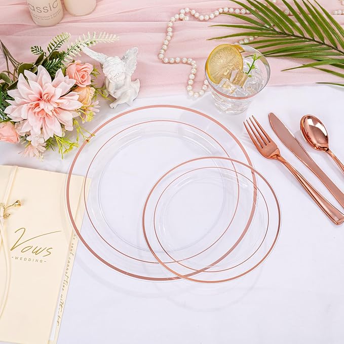bUCLA 300PCS Clear Rose Gold Plastic Dinnerware - Rose Gold Disposable Dinnerware Set Include 50 Dinner Plates,50 Dessert Plates,50 Knives,50 Forks,50 Spoons,50 Cups for Party, Wedding & Mother’s Day