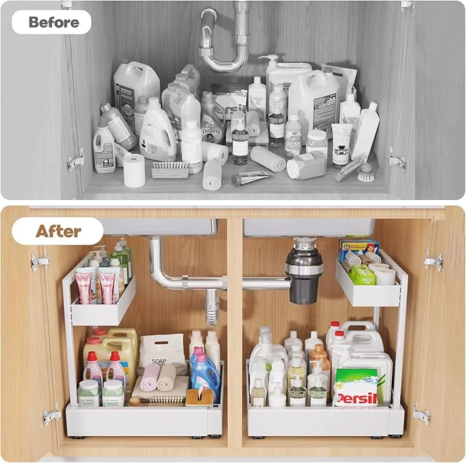 1-Pack L-Shape Expandable Under Sink Organizer with 3 Ball-Bearing Slide Rails,2-Tier Pull-Out Under Cabinet Storage Shelf for Kitchen & Bathroom,Height-Adjustable Slide-Out Cabinet Drawer-White