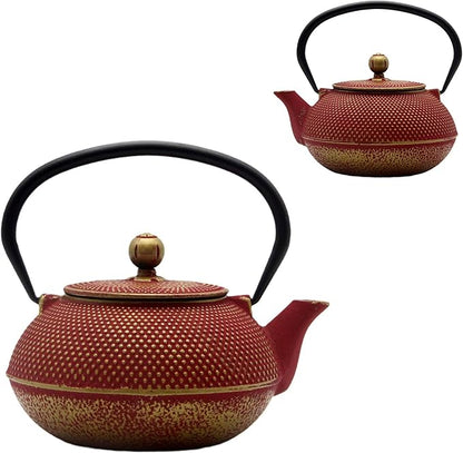 Cast Iron Teapot Tea Kettle with Stainless Steel Infuser for Stovetop Safe Coated with Enameled Interior Japanese Red Tetsubin for Loose Tea(30.4oz/900ml)