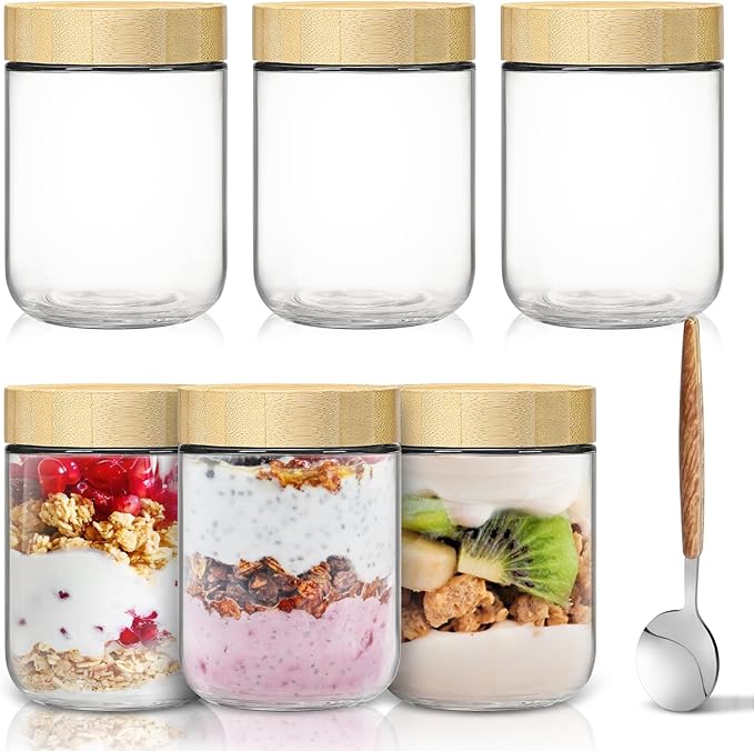 Overnight Oats Containers with Lids,16oz Wide Mouth Glass Mason jars with Bamboo Lid,Oatmeal Containers with Airtight Lid and Spoons,Meal Prep Jars for Yogurt,Chia Pudding,Snacks,Salad,Spice(6Pack)