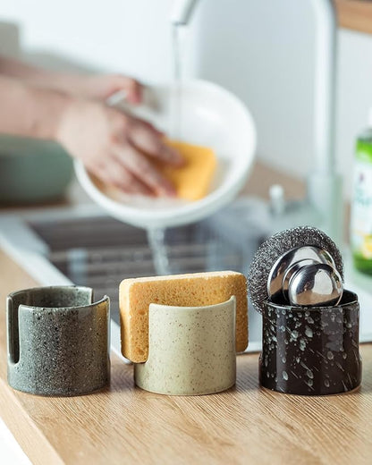 Sponge Holder for Kitchen, Ceramic Sink Caddy Scrub Sponge Rack Dish Rack Scrubbers Holder for Kitchen Sink, Bathroom, Black