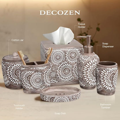 6-Piece Bathroom Accessories Set – Soap Dispenser, Toothbrush Holder, Tumbler, Soap Dish, Cotton Swab Jar & Toilet Brush – Modern Bathroom Decor Set (Ciccone)