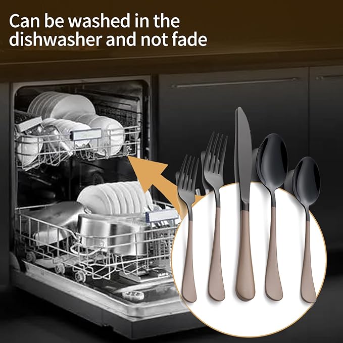 20-Piece Black Silverware Set 18/0 Stainless Steel Silverware Set Brown Handle Cutlery Set Service for 4 Dinner Knives Forks Spoons Set Flatware Set Finish Dishwasher Safe