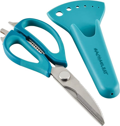 Rachael Ray Professional Multi Shear Kitchen Scissors with Herb Stripper and Sheath, 2 Piece, Agave Blue