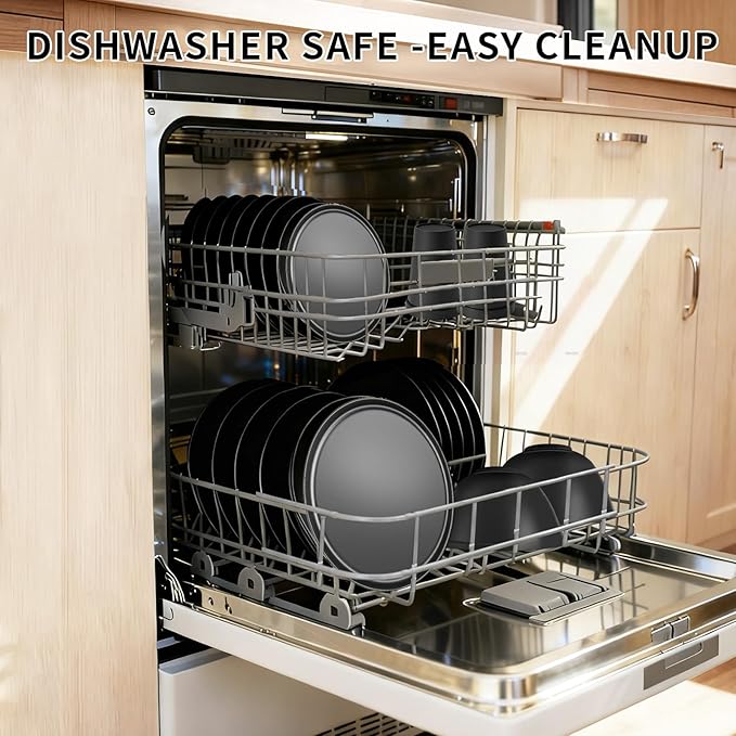 40 Piece RV & Camping Dinnerware Set, Elegant Ceramic-Look Large Bowls & Plates, Unbreakable & 100% Microwave Safe, Melamine Alternative Service for 8, Brown