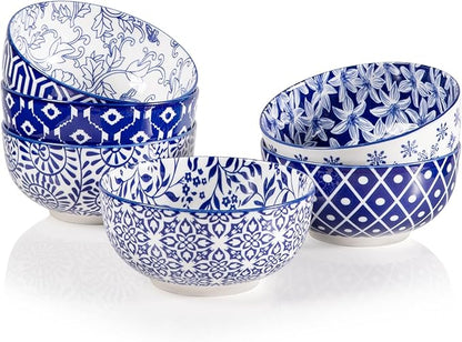 Sweejar Ceramic Cereal Bowls Set, 29 Oz Soup Bowls Microwave & Dishwasher Safe, 6.1 Inch Deep Porcelain Serving Bowls for Kitchen, Fruit, Ramen, Salad, Pasta, Set of 6(Vintage Blue)