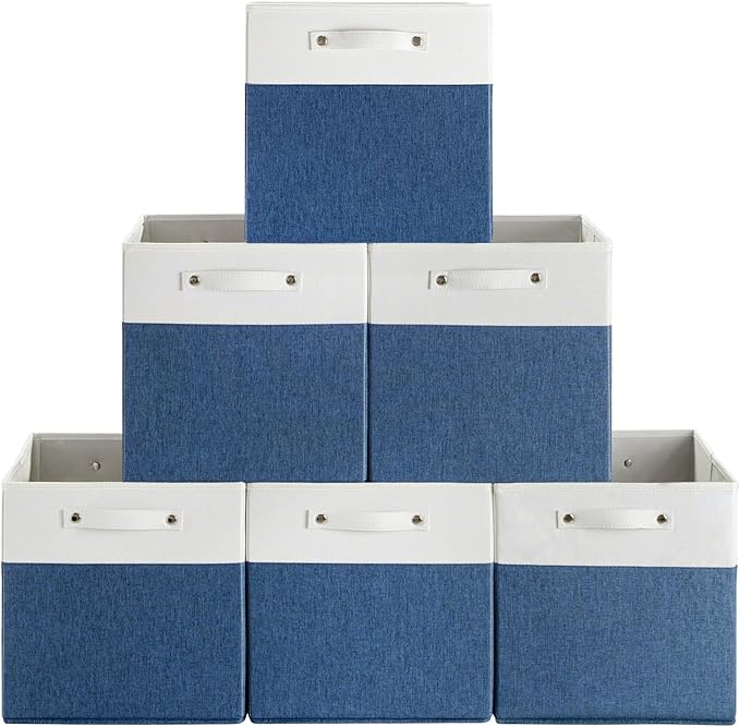 13 x 13 Inch Fine Linen Storage Bins with Handles，Fabric Cube Boxs，Collapsible Basket Organizers for Shelves for Home, Closet Drawers (White/Blue-6 Pack)
